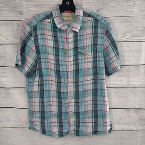 Tommy Bahama Mens Medium Plaid Linen Shirt Island Modern Fit Short Sleeve Casual